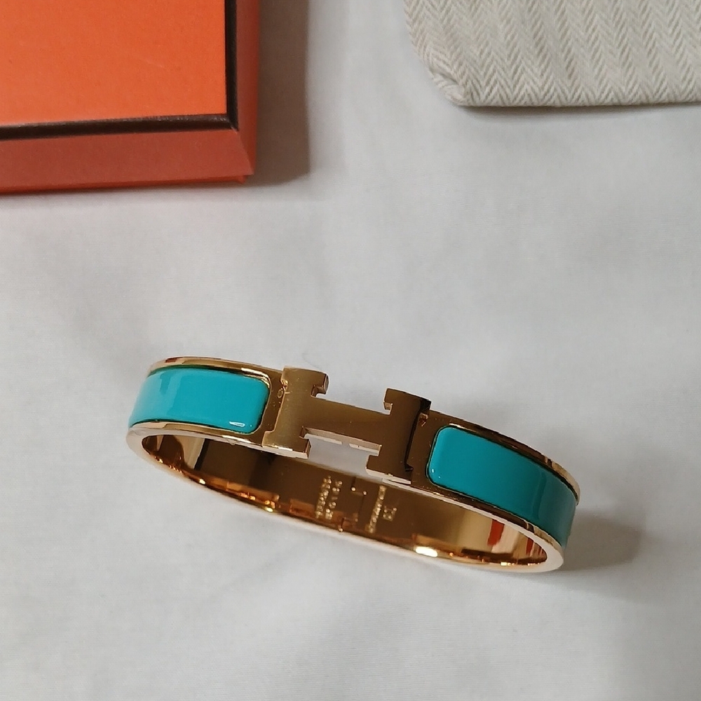 Hermes Gold H Clic Clac Bracelet with Turquoise Enamel - Picture 2 of 4